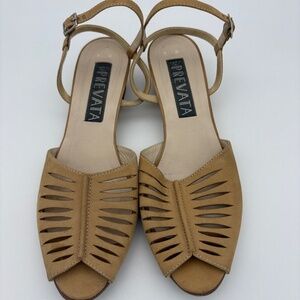 Prevata Leone Nabuk Camel Slide On Open Toe Wedge Sandal with Ankle/Heel Strap